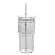 Kitchen Cups Glass Cups with Drinking Tube and Lids 1Pcs 20Oz Glass Cups Drinking Jar Clear Iced Coffee Cups Vintage Ripple Glassware for Water Coffee Tea Clear